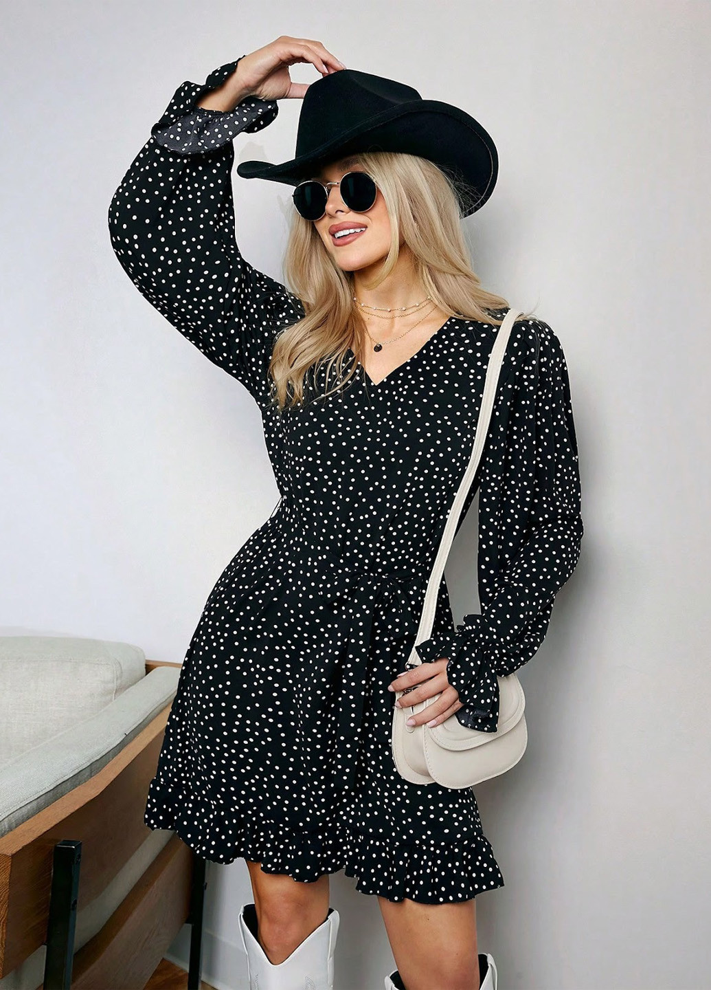 Черное кэжуал платье а-силуэт SHEIN в горошек