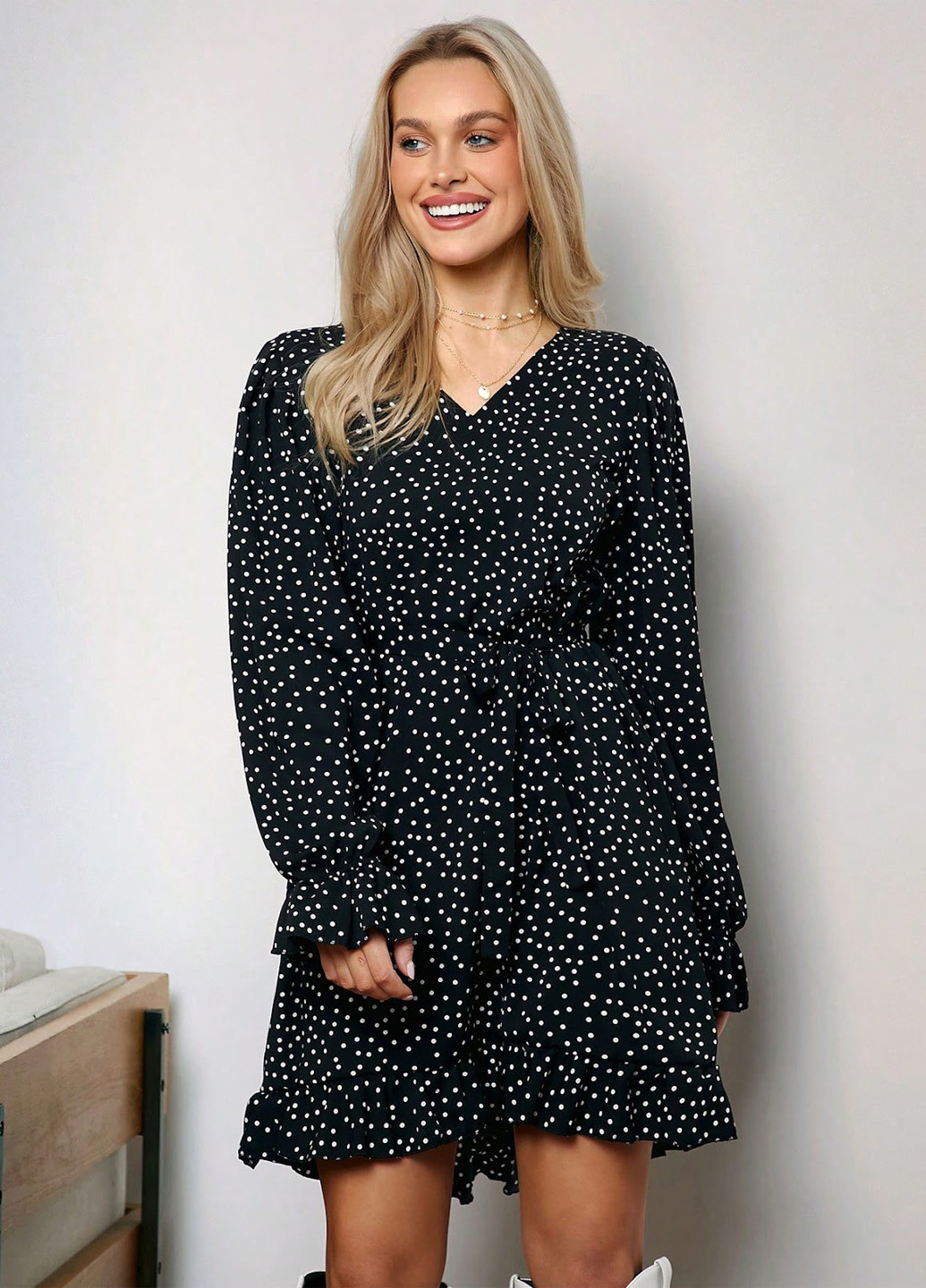 Черное кэжуал платье а-силуэт SHEIN в горошек