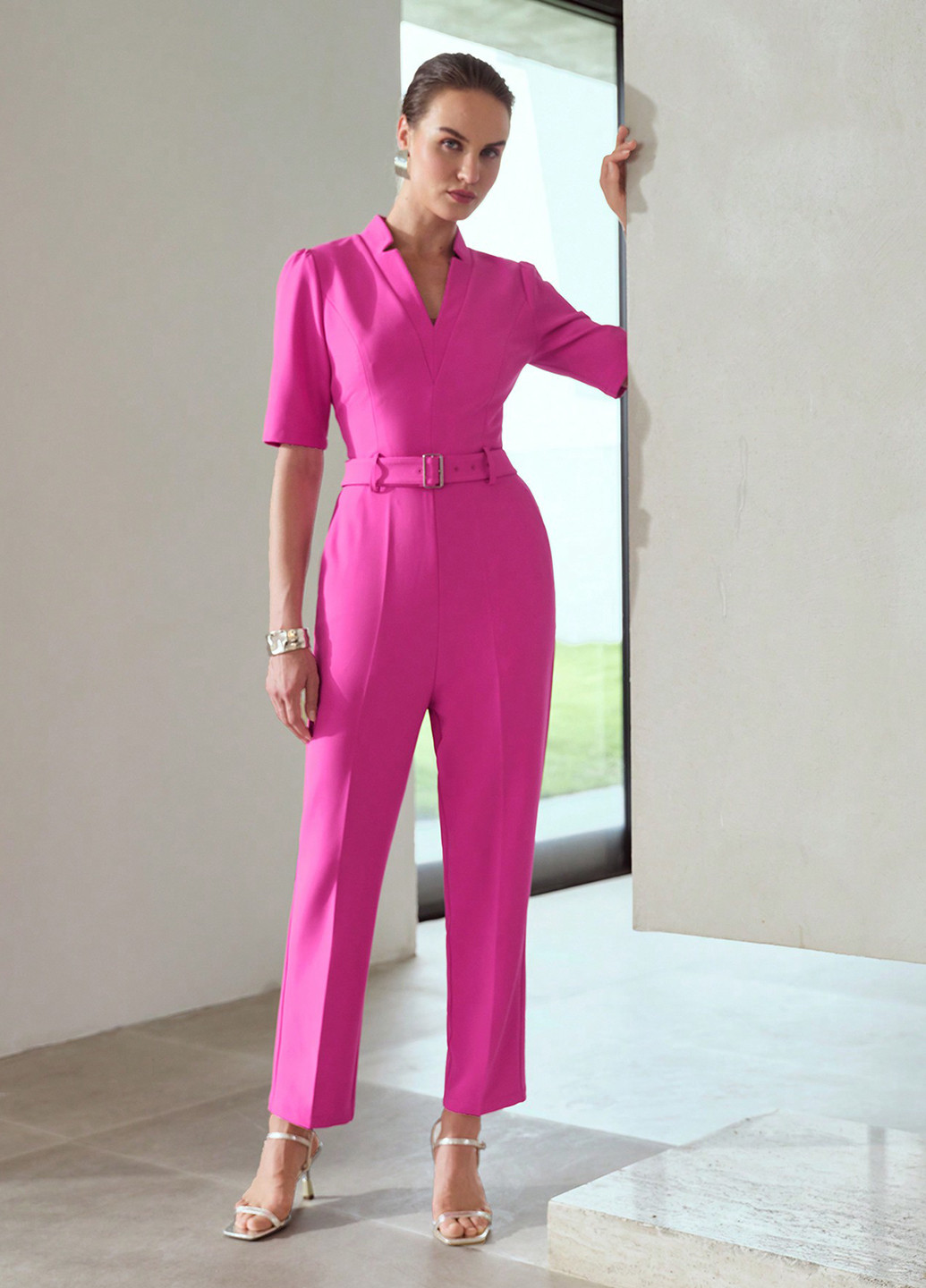 Комбінезон SHEIN комбінезон-брюки однотонний рожевий кежуал, діловий поліестер