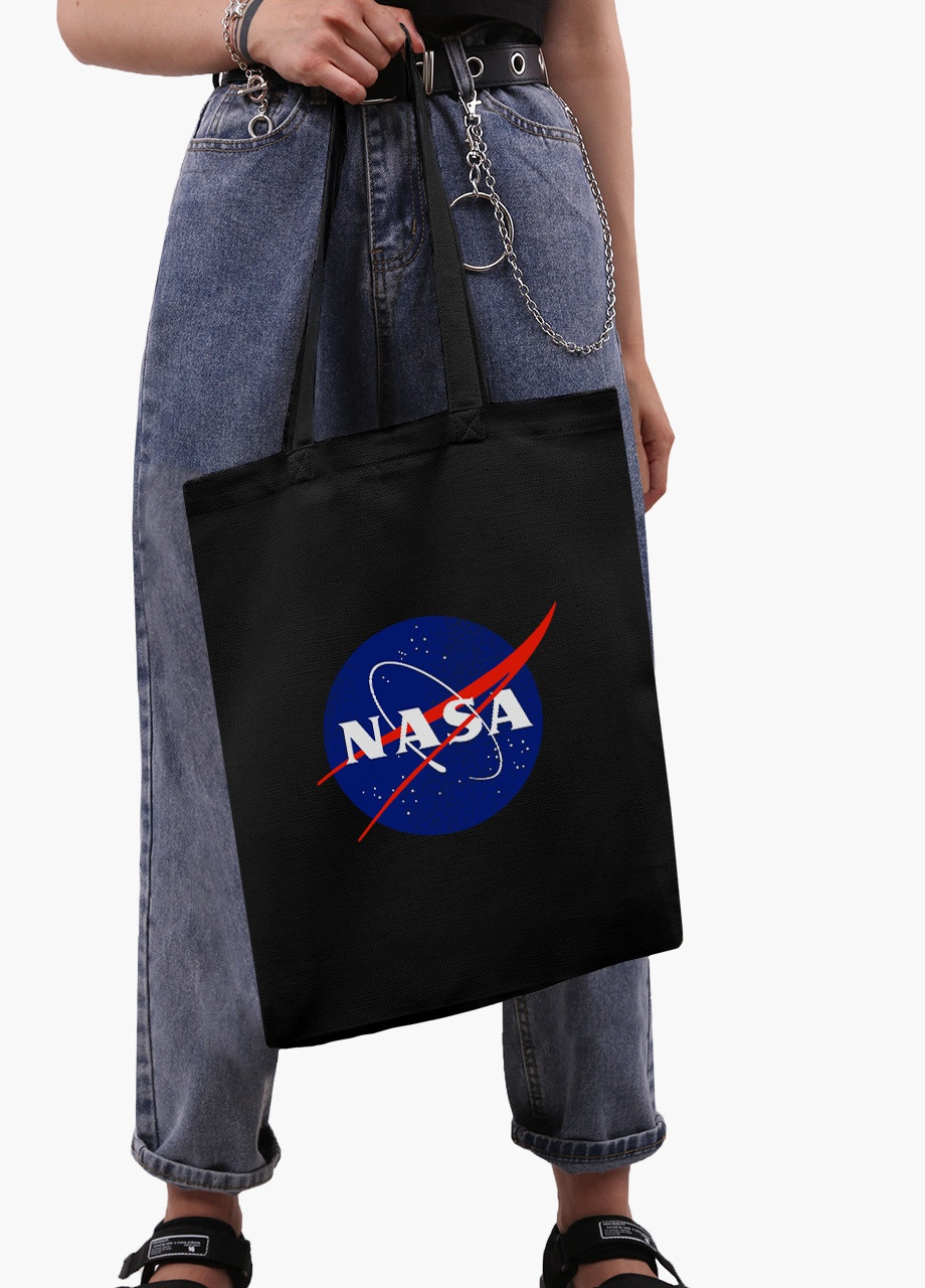 Еко сумка шоппер черная НАСА (NASA) на молнии (9227-1955-BKZ) MobiPrint (236265507)