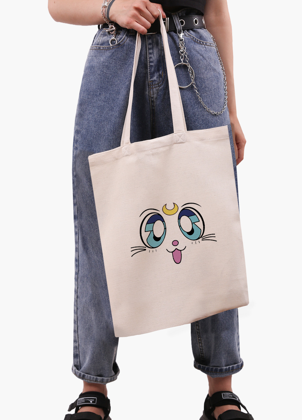 Еко сумка шоппер біла Місяць Кішка Сейлор Мун (anime Sailor Moon Cats) (9227-2921-WT-1) екосумка шопер 41*35 см MobiPrint (224806159)