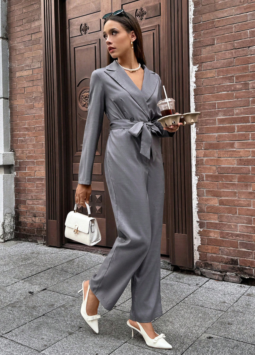 Комбинезон SHEIN комбинезон-брюки однотонный серый деловой, кэжуал полиэстер