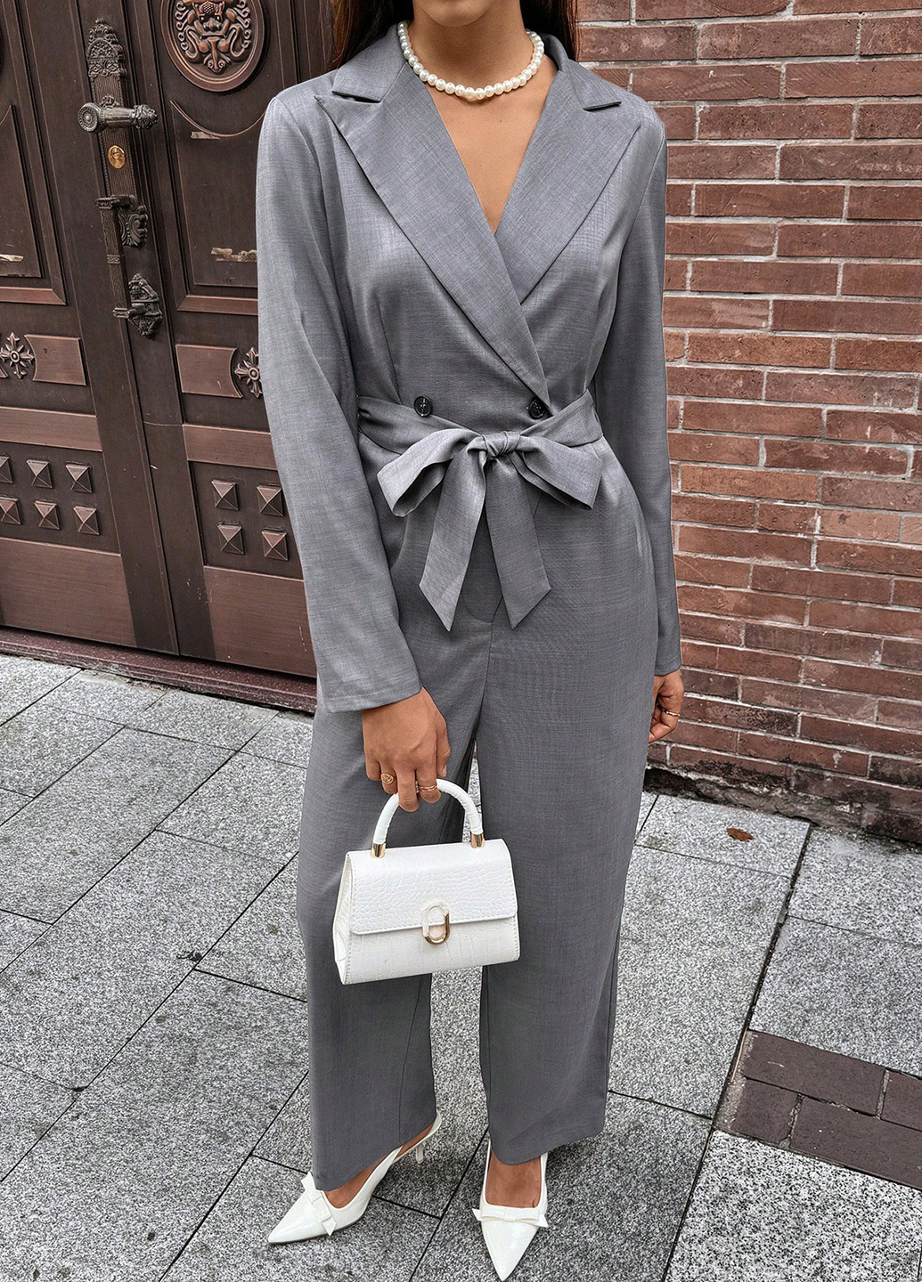 Комбинезон SHEIN комбинезон-брюки однотонный серый деловой, кэжуал полиэстер