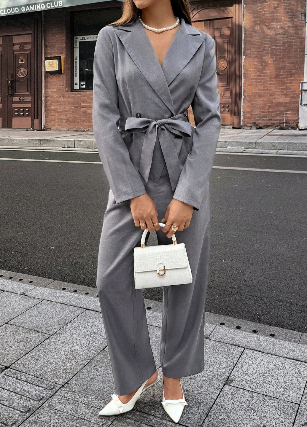 Комбинезон SHEIN комбинезон-брюки однотонный серый деловой, кэжуал полиэстер