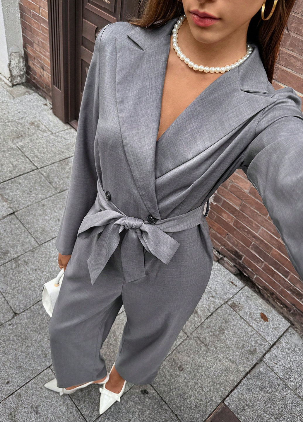 Комбинезон SHEIN комбинезон-брюки однотонный серый деловой, кэжуал полиэстер