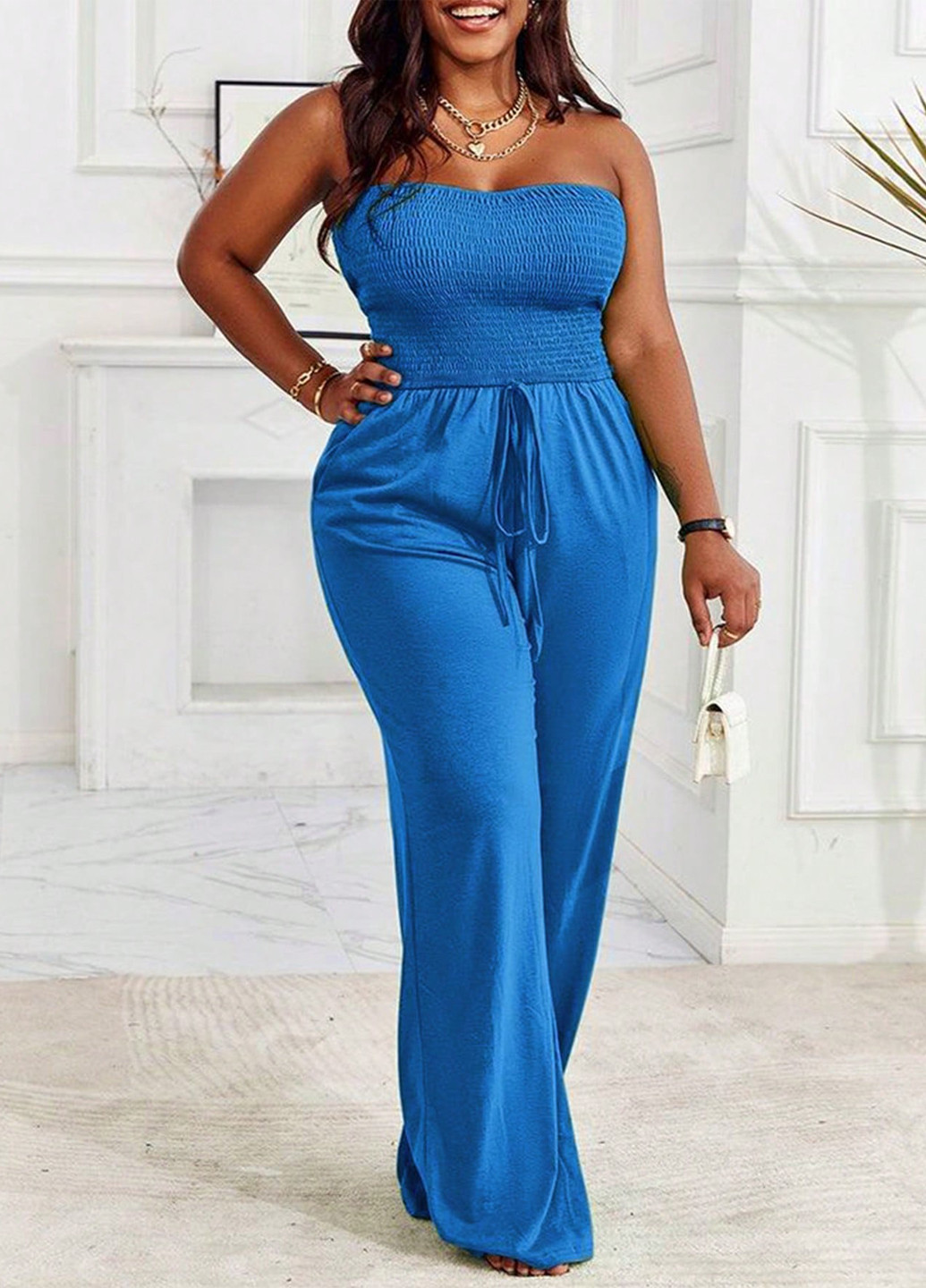 Комбінезон SHEIN комбінезон-брюки однотонний темно-блакитний пляжний, кежуал поліестер
