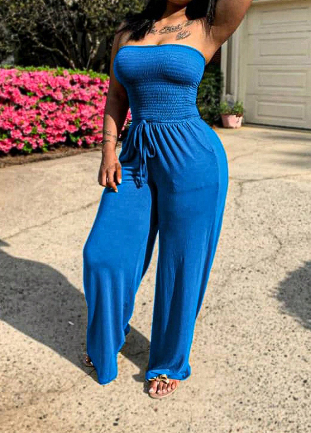 Комбінезон SHEIN комбінезон-брюки однотонний темно-блакитний пляжний, кежуал поліестер