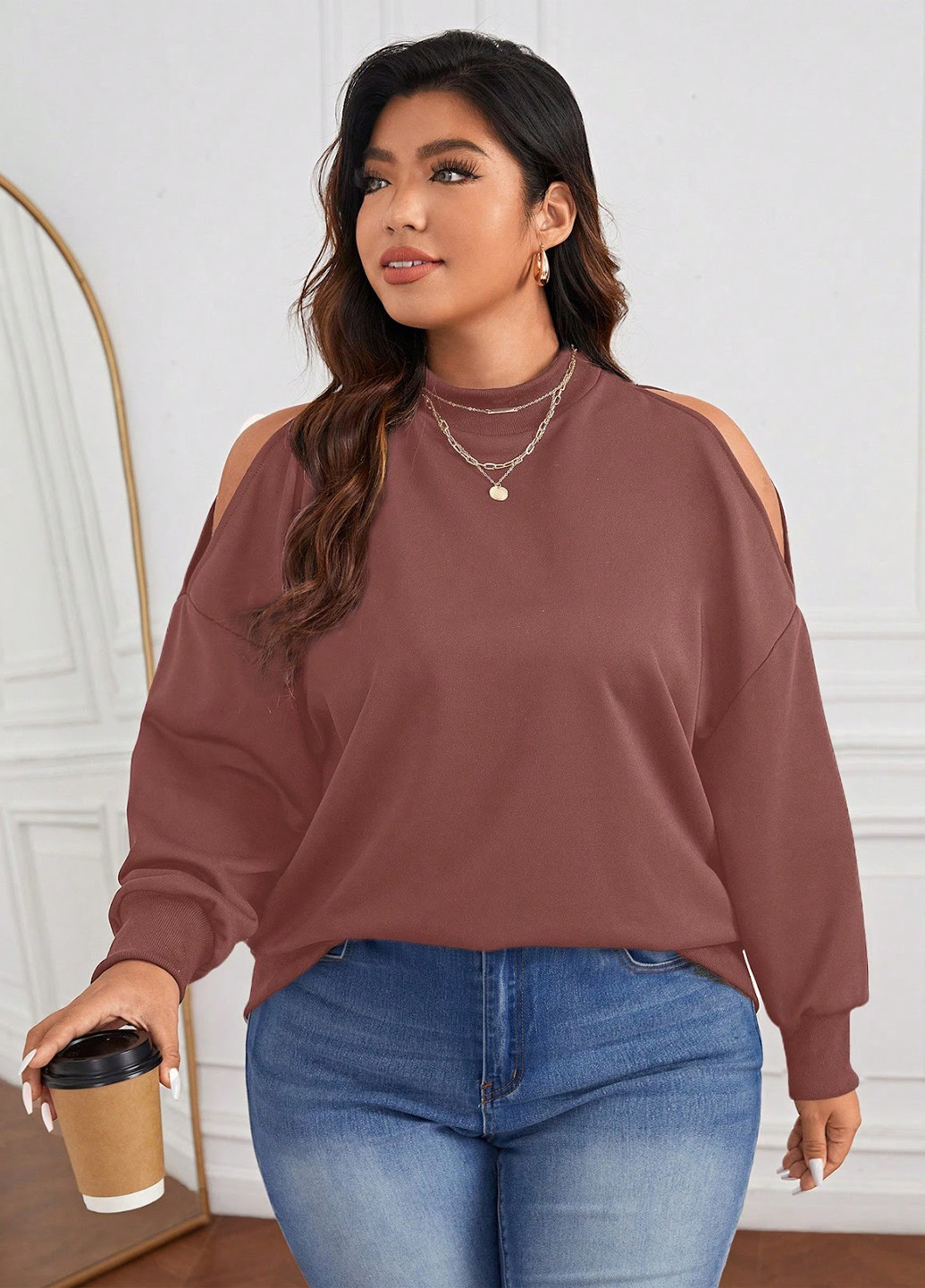 Кофейный свитшот SHEIN однотонный с вырезами (331019486)