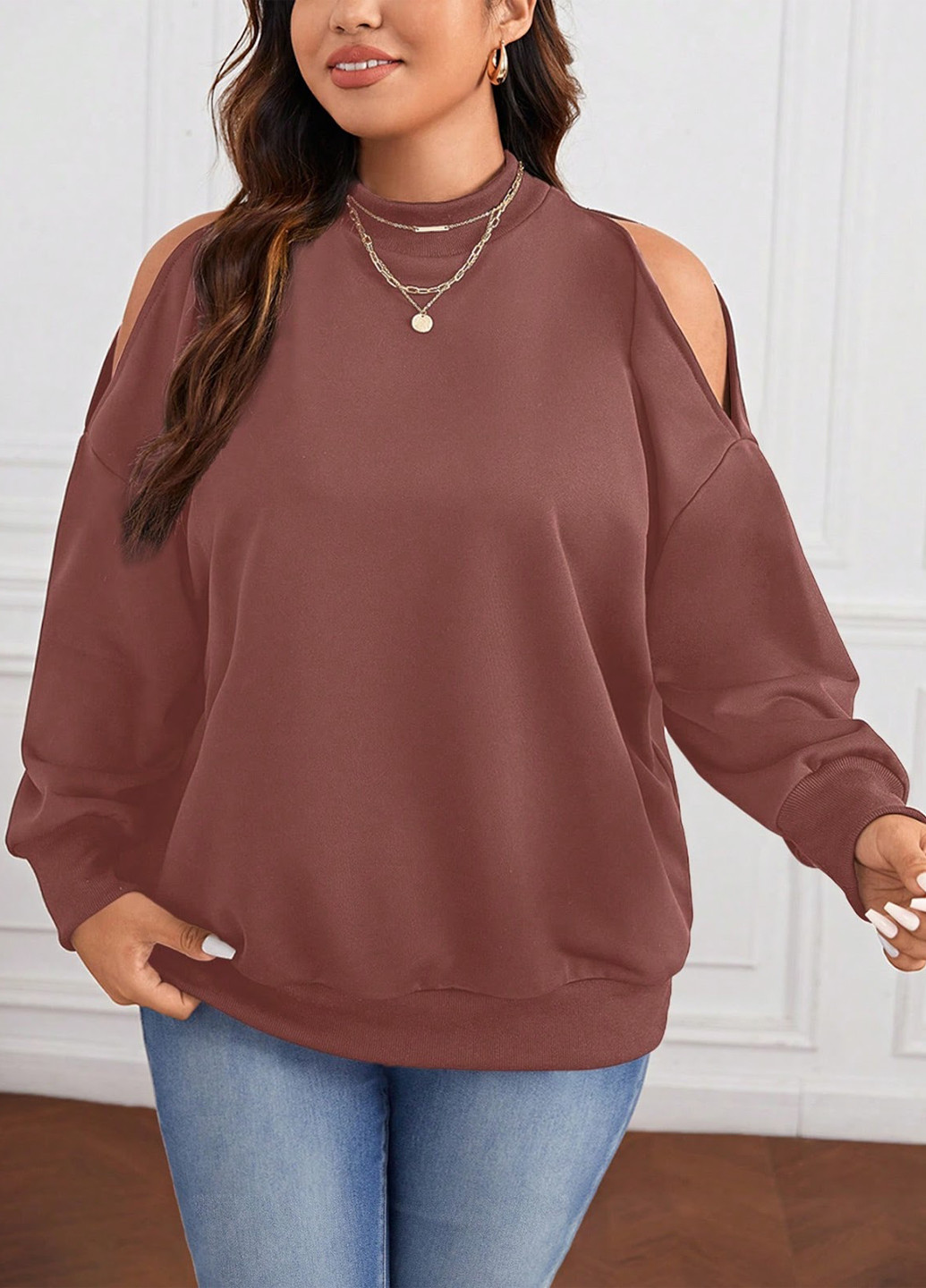 Кофейный свитшот SHEIN однотонный с вырезами (331019486)