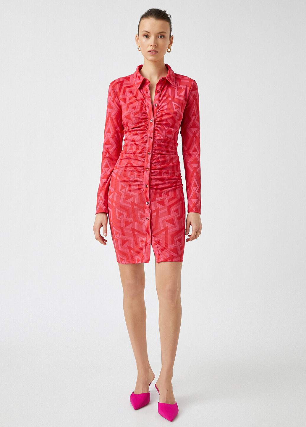 Малиновое кэжуал платье рубашка KOTON с геометрическим узором