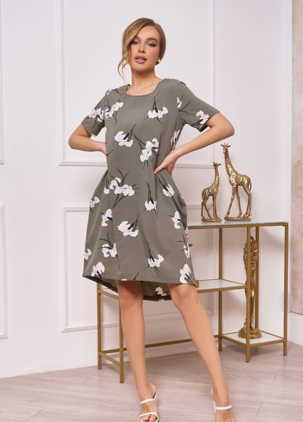 Оливкова (хакі) повсякденний сукня а-силует ISSA PLUS з квітковим принтом