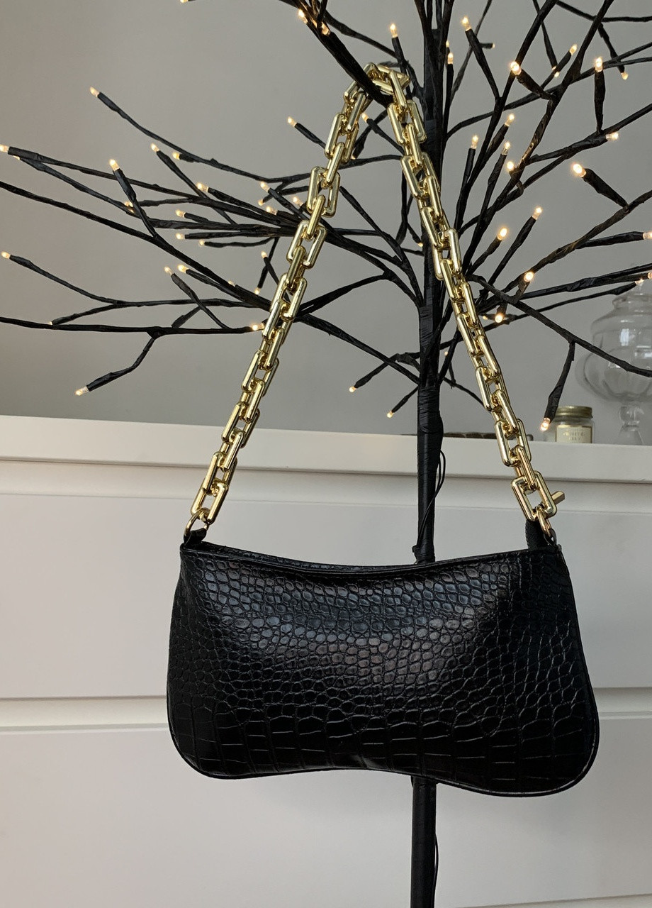 Женская классическая сумочка багет на толстой золотой цепочке рептилия черная NoName (251204352)