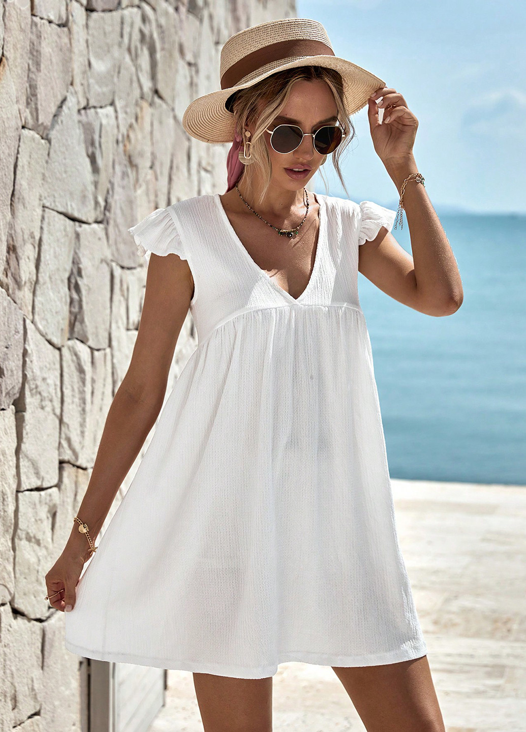 Белое кэжуал платье а-силуэт SHEIN однотонное