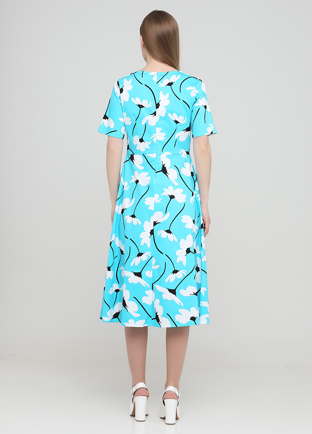 Блакитна ділова плаття, сукня кльош Olga Shyrai for PUBLIC&PRIVATE з квітковим принтом