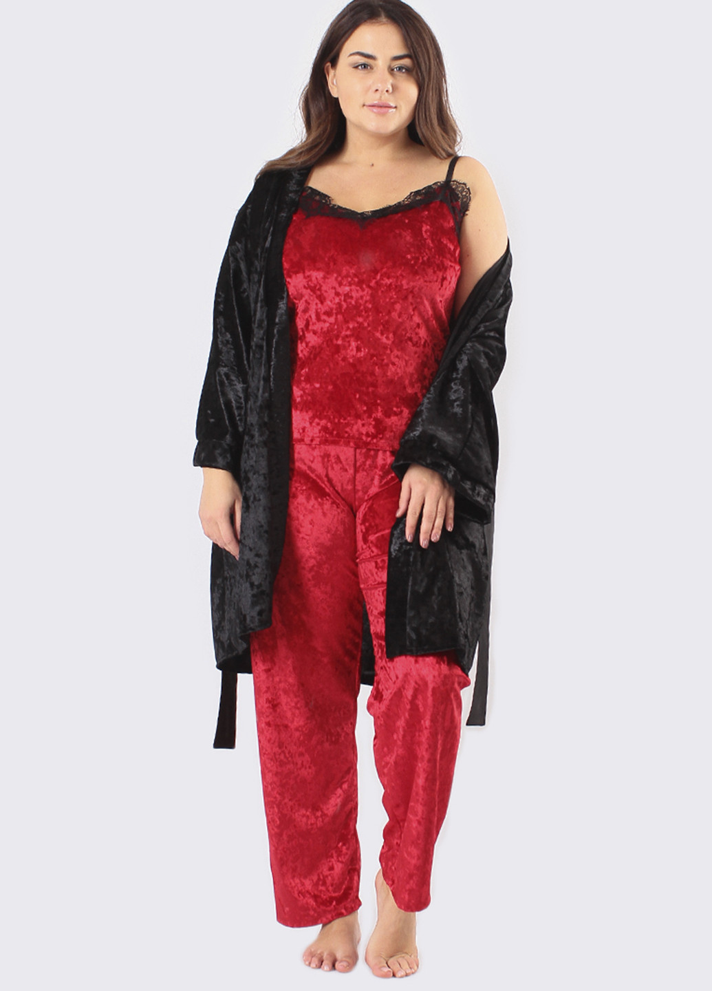 Темно-красный демисезонный комплект (халат, топ, брюки) Ghazel