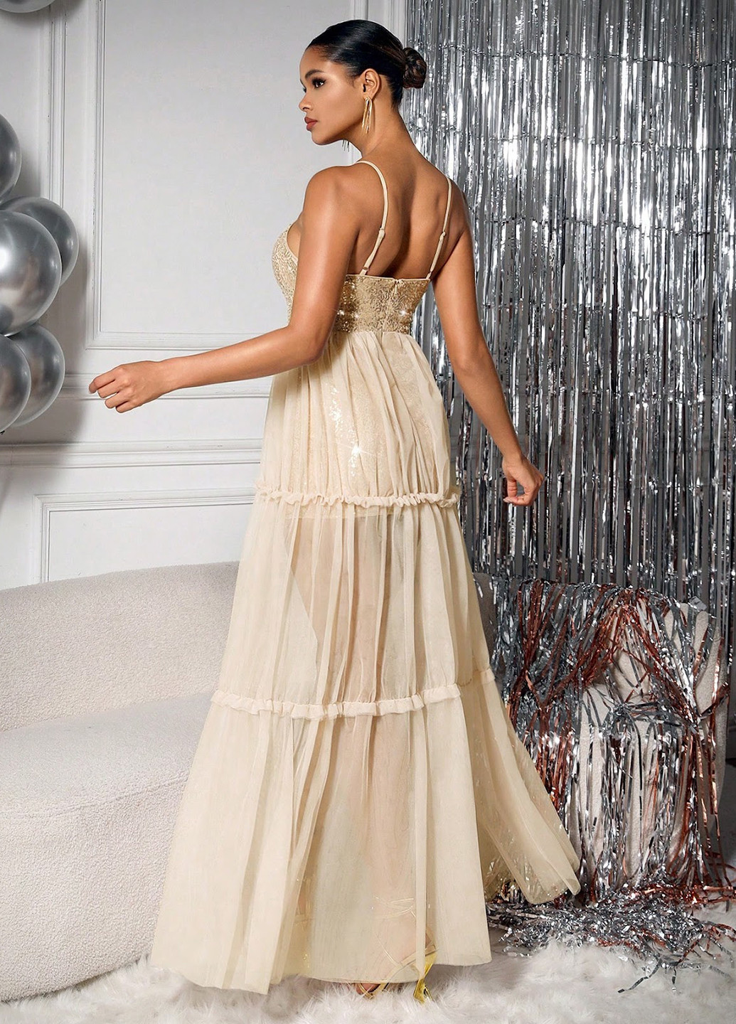 Світло-бежева вечірня сукня кльош, а-силует SHEIN однотонна