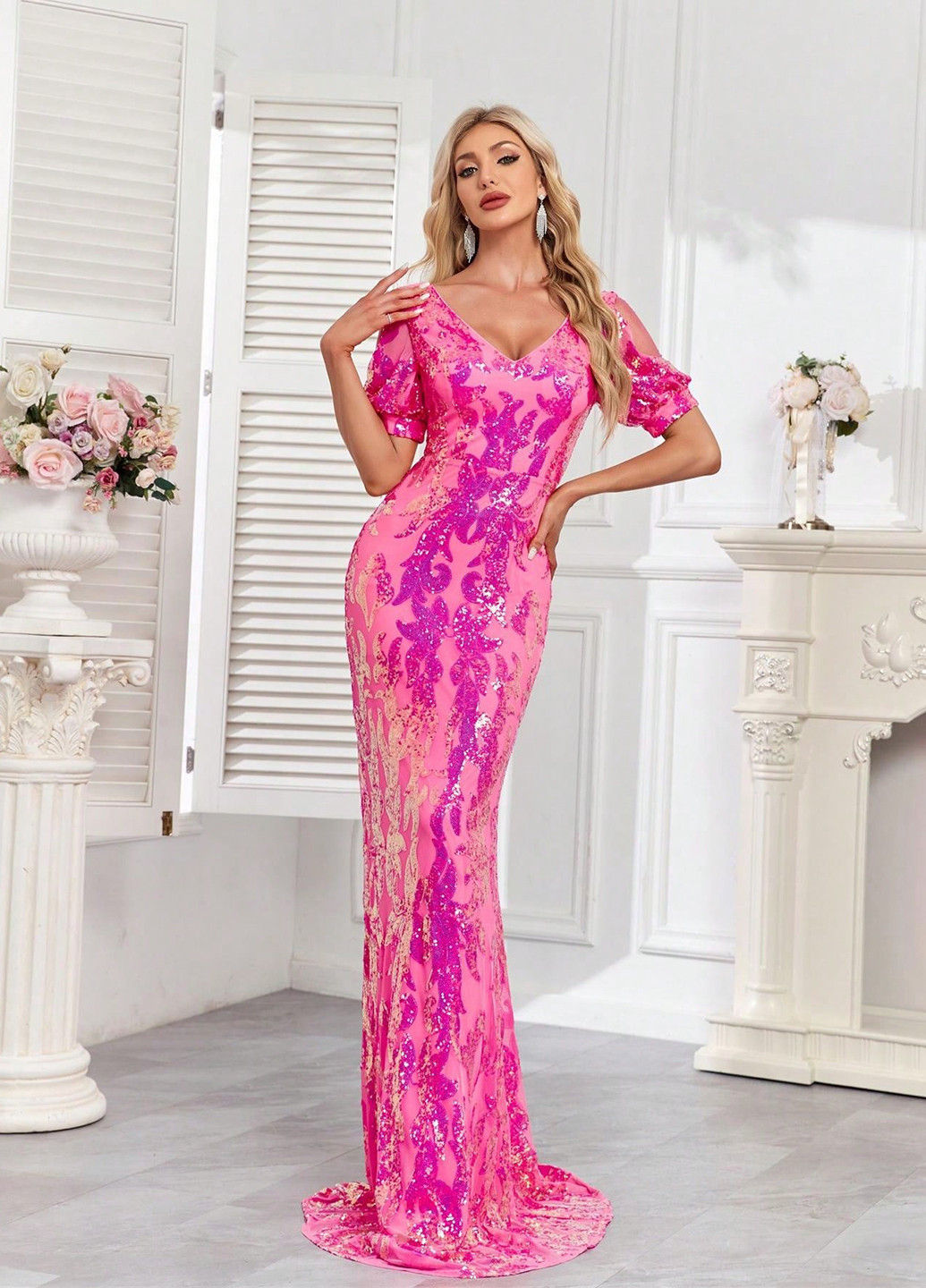 Рожево-лілова вечірня сукня годе SHEIN з орнаментом