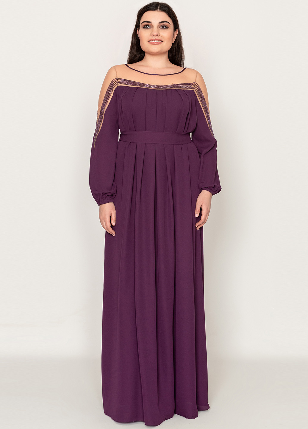 Фиолетовое вечернее платье с длинным рукавом, макси Seam однотонное