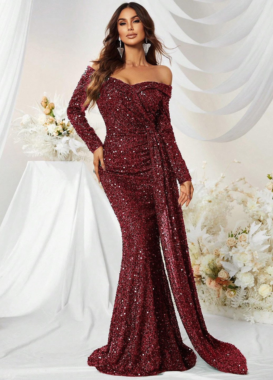 Бордова вечірня сукня зі шлейфом, годе, на запах SHEIN однотонна