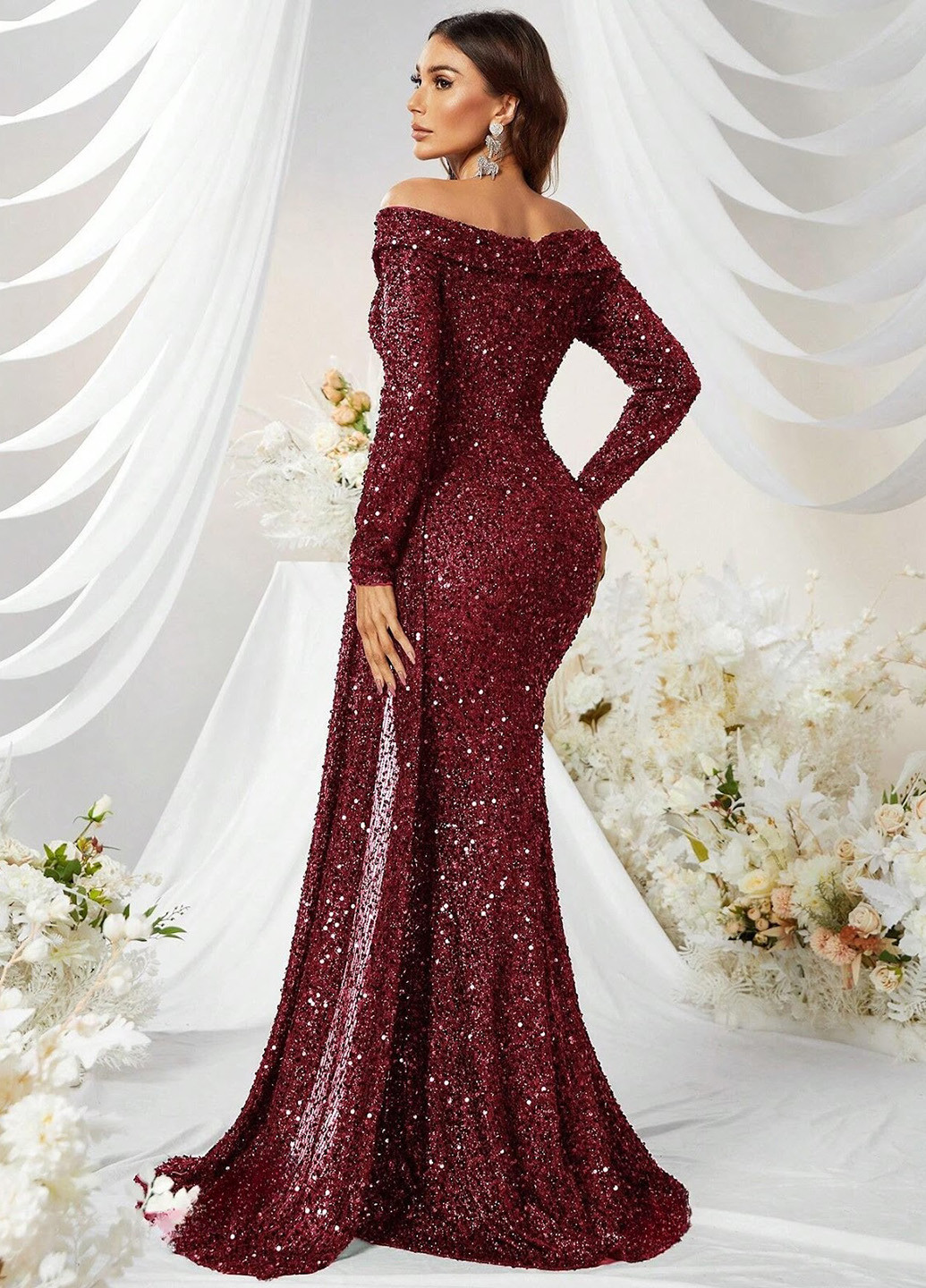 Бордова вечірня сукня зі шлейфом, годе, на запах SHEIN однотонна