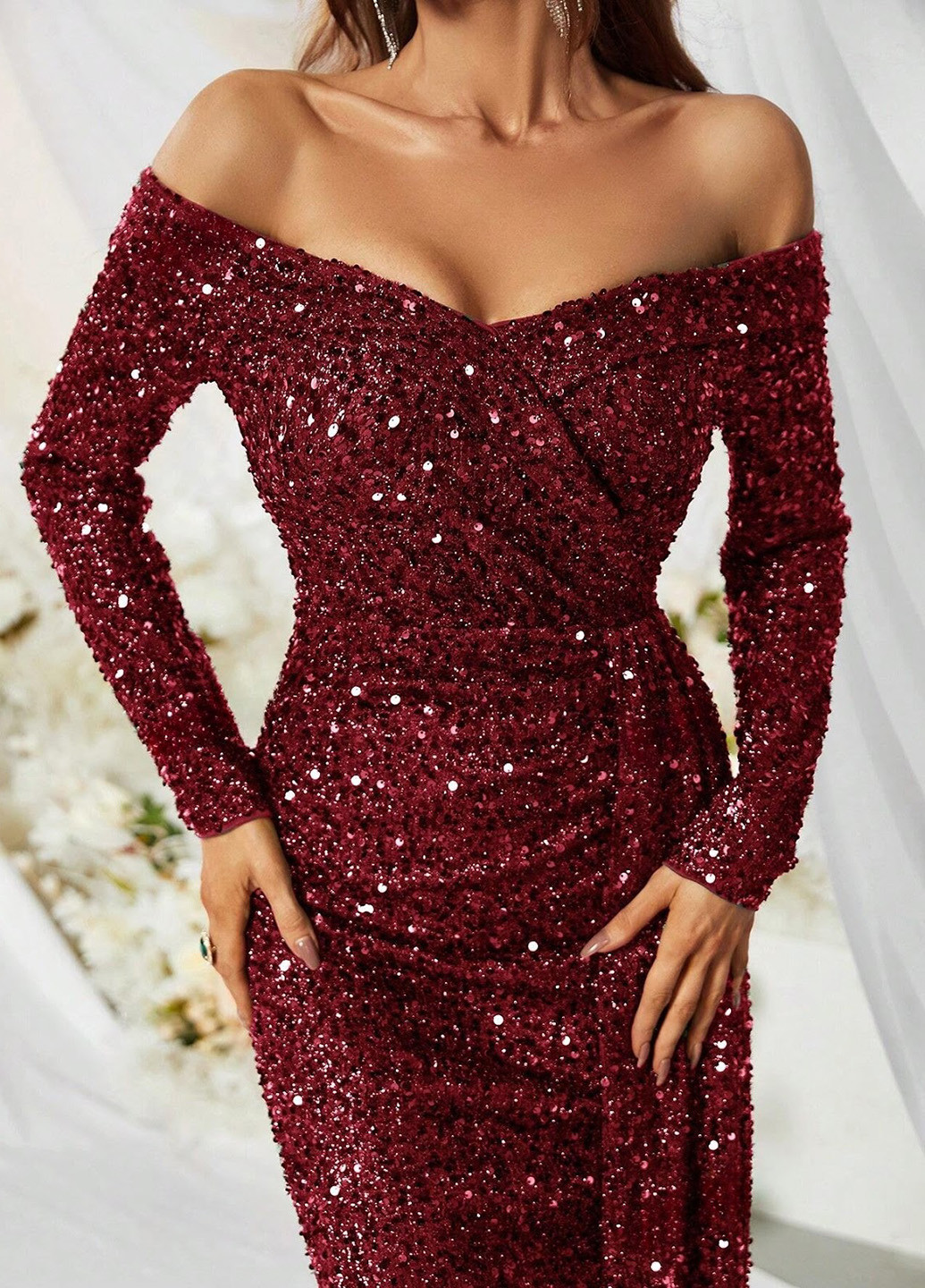 Бордова вечірня сукня зі шлейфом, годе, на запах SHEIN однотонна