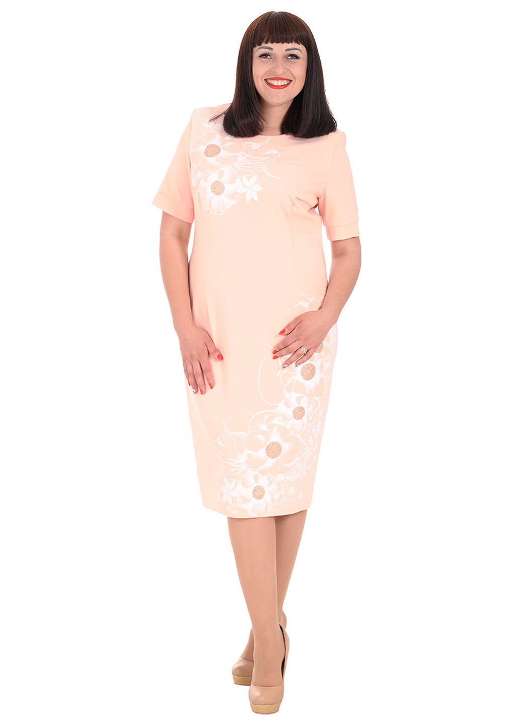 Персиковое кэжуал платье Alenka Plus с цветочным принтом