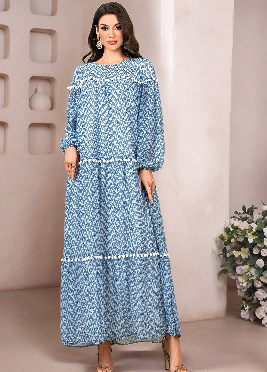 Синее кэжуал платье а-силуэт SHEIN с геометрическим узором