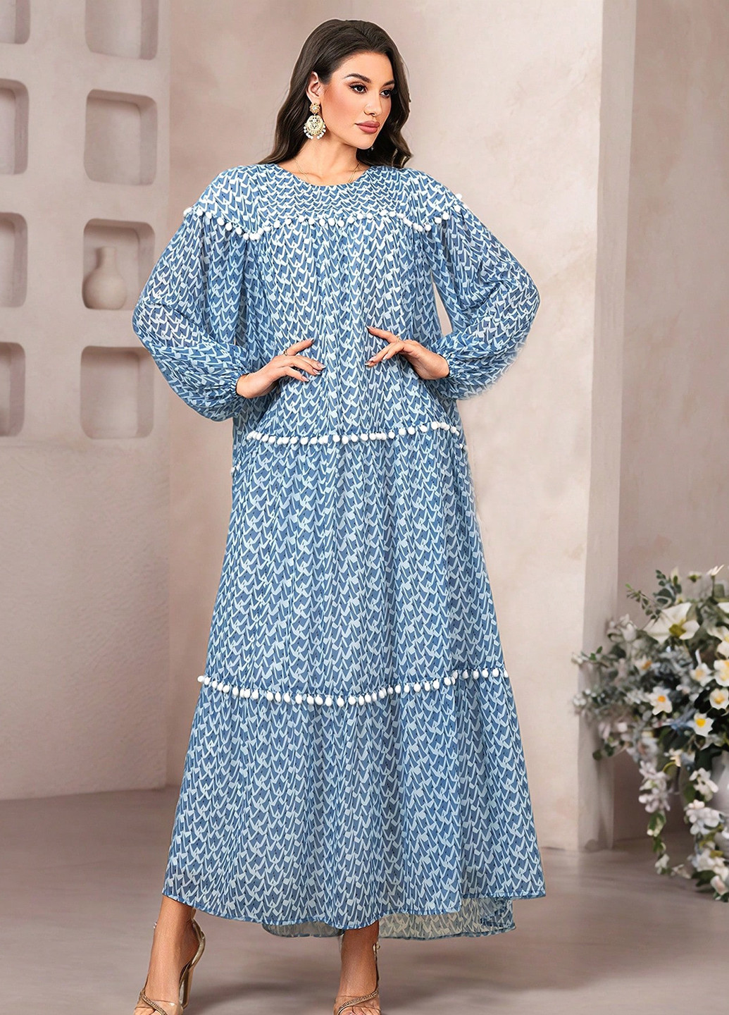 Синее кэжуал платье а-силуэт SHEIN с геометрическим узором