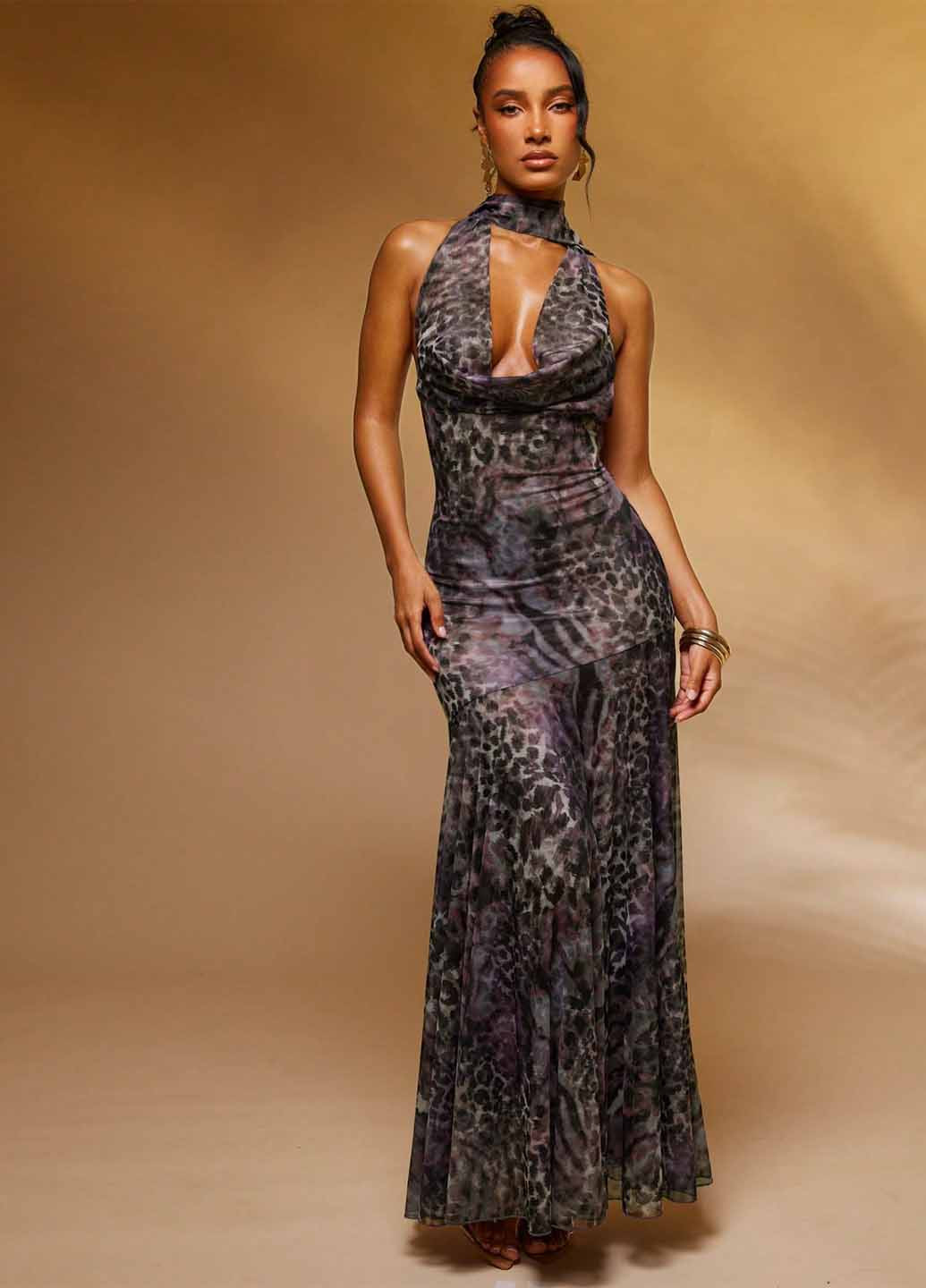 Темно-фиолетовое вечернее платье годе, с открытой спиной SHEIN леопардовый