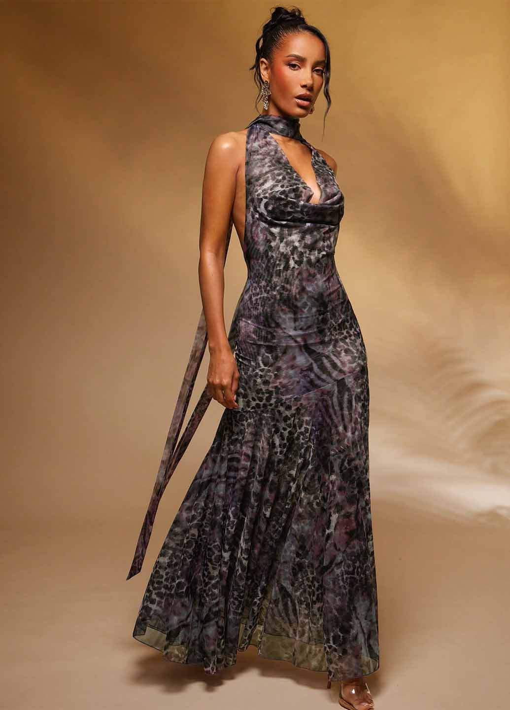 Темно-фиолетовое вечернее платье годе, с открытой спиной SHEIN леопардовый