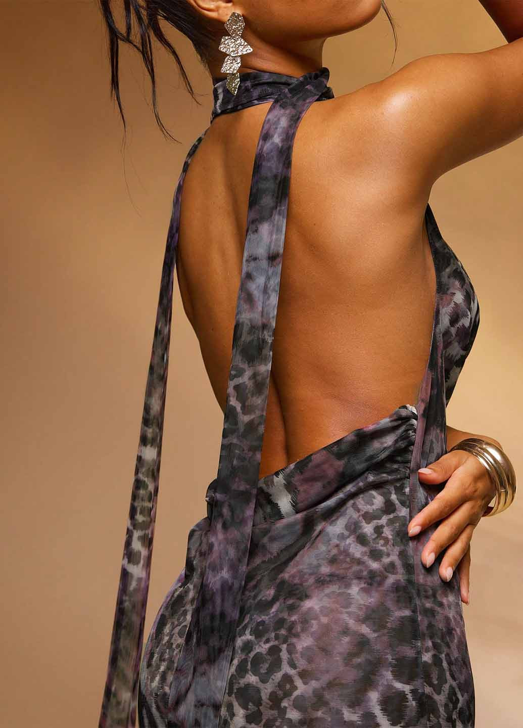 Темно-фиолетовое вечернее платье годе, с открытой спиной SHEIN леопардовый