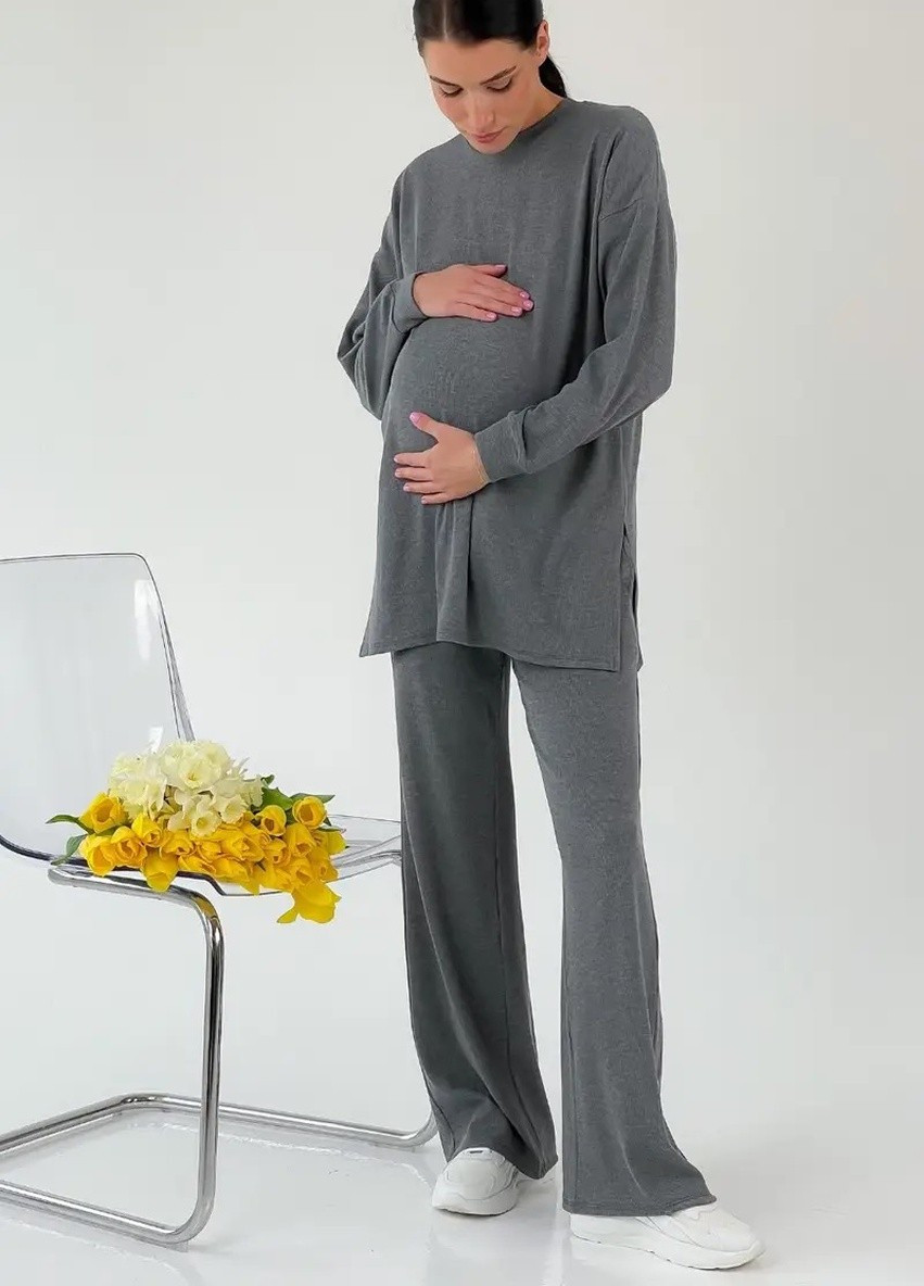 Однотонний спортивний костюм для вагітних oversize крою трикотажний сірий To Be (252833883)
