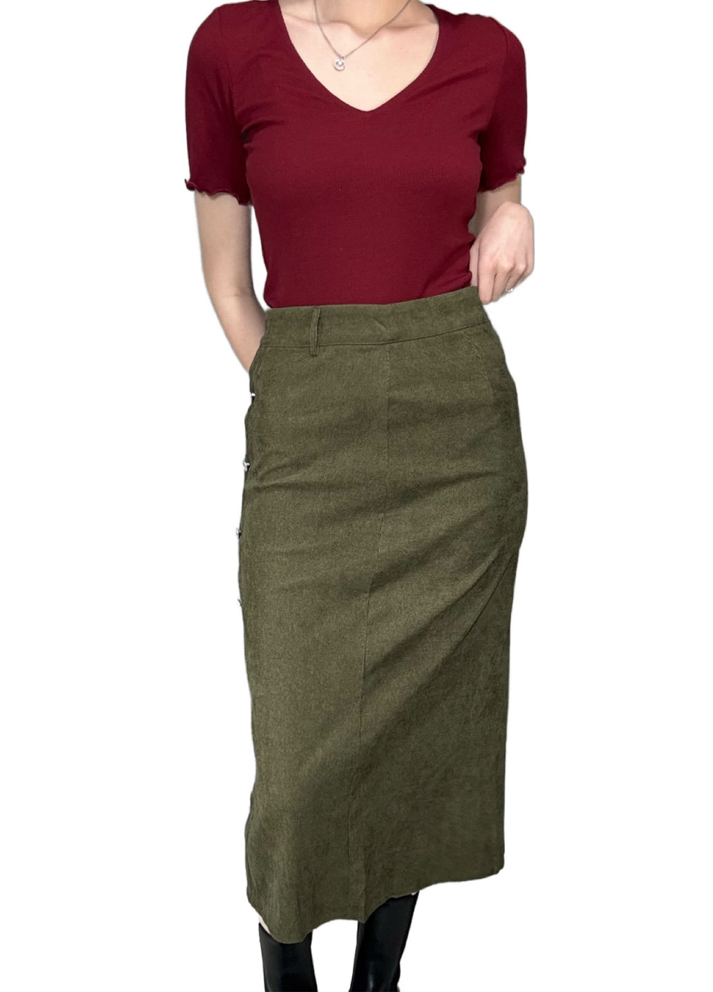 Оливковая (хаки) кэжуал однотонная юбка SHEIN карандаш