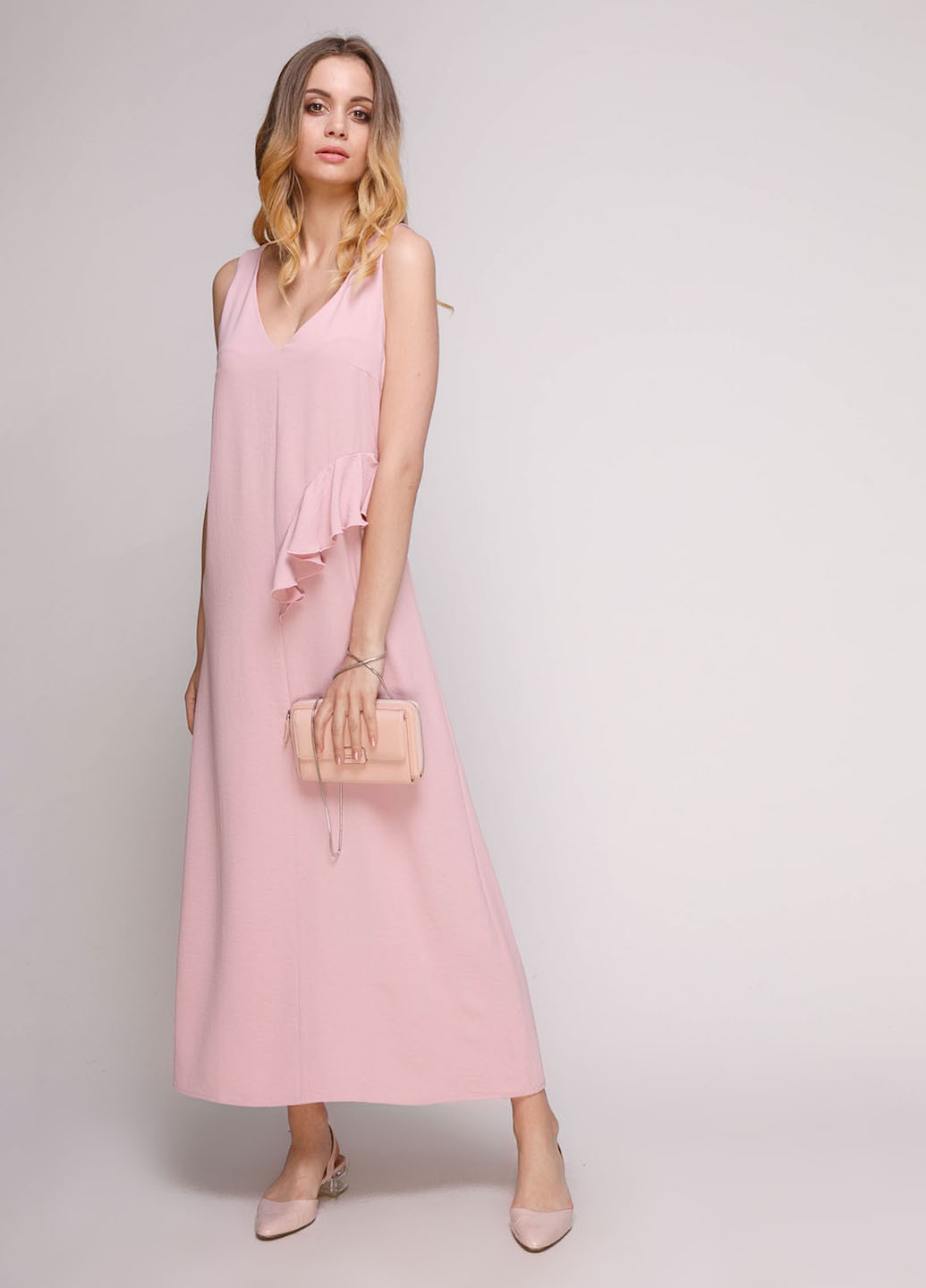 Розовое кэжуал платье волан миди лен креп 5 розовый Jet