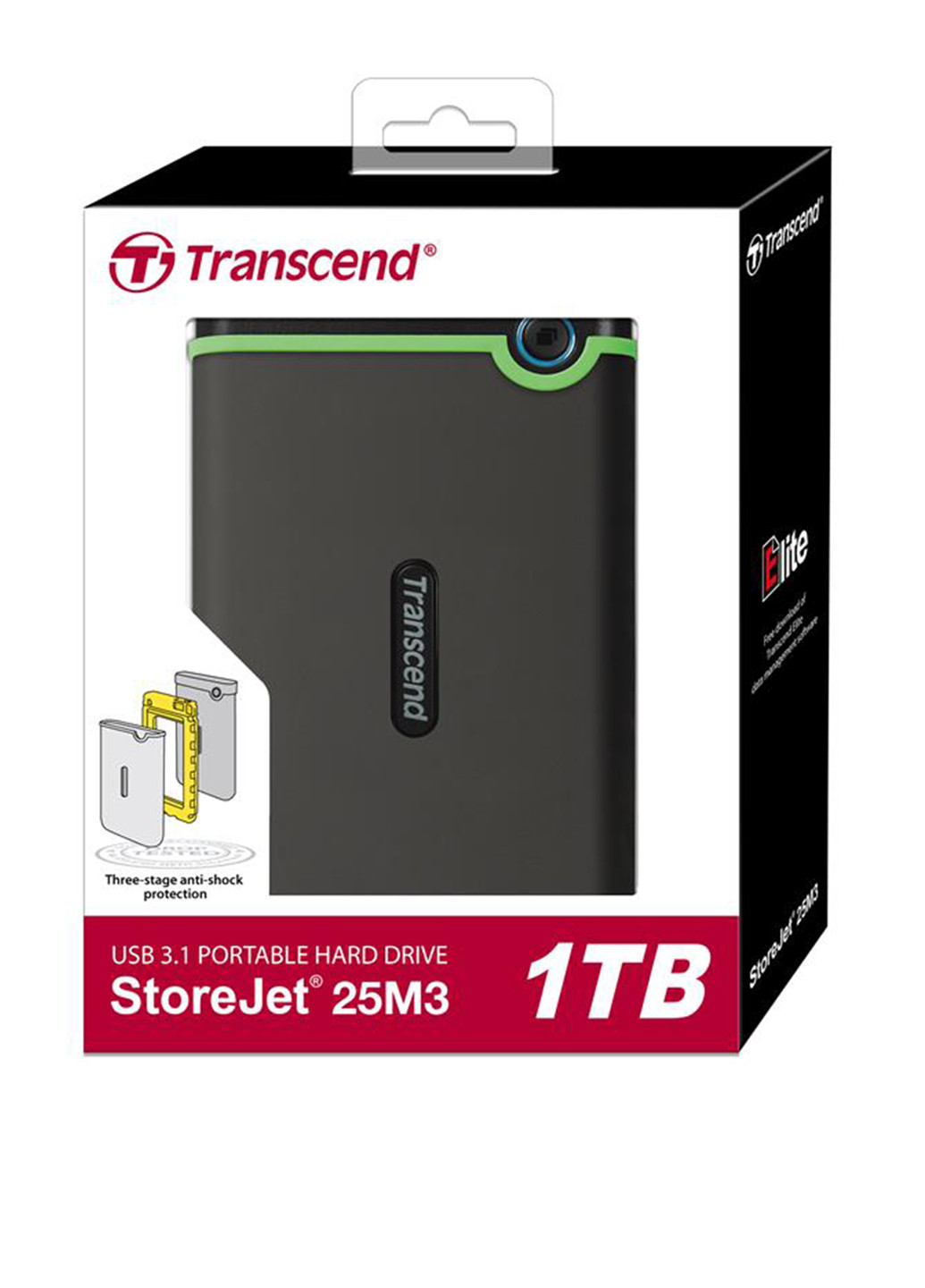 Зовнішній жорсткий диск StoreJet 25M3S 1TB TS1TSJ25M3S 2.5 USB 3.1 Gen 1 External Iron Gray Transcend Внешний жесткий диск Transcend StoreJet 25M3S 1TB TS1TSJ25M3S 2.5" USB 3.1 Gen 1 External Iron Gray сірий