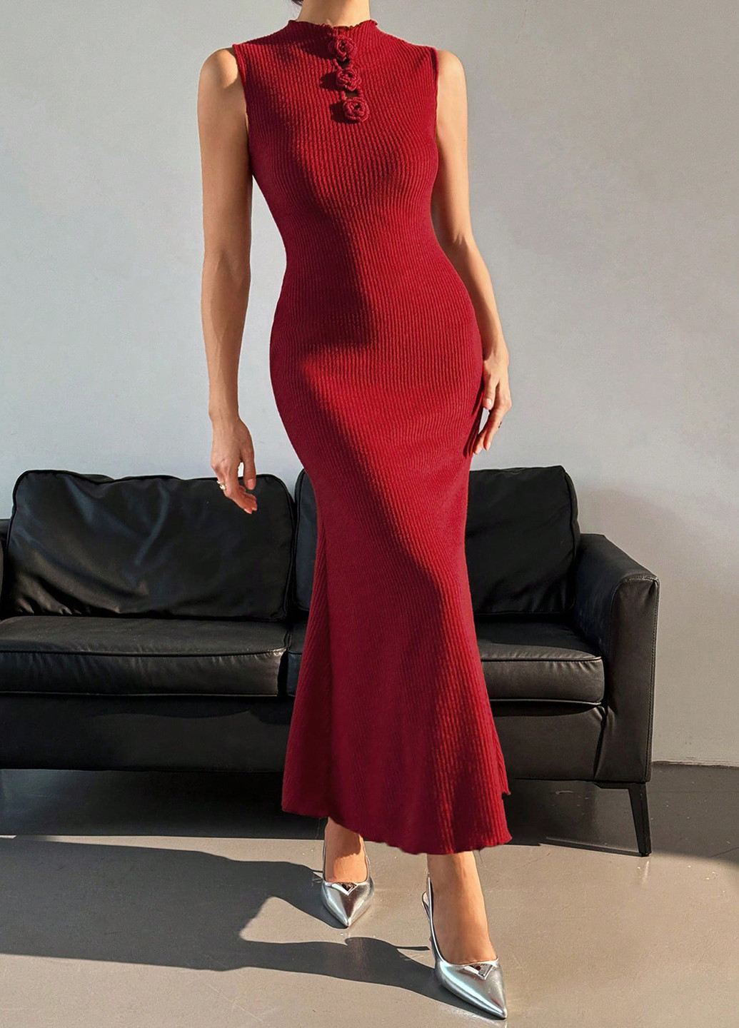 Темно-красное кэжуал платье SHEIN однотонное