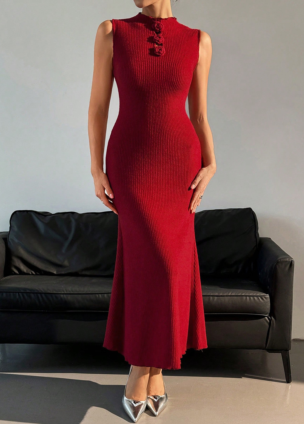 Темно-красное кэжуал платье SHEIN однотонное