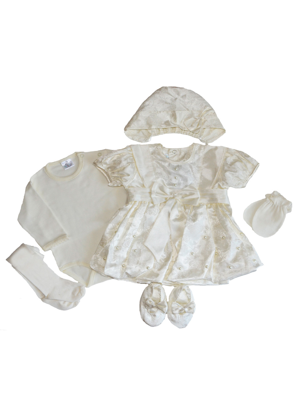 Молочный демисезонный комплект (платье, боди, колготы, шапочка, пинетки, царапки) Kardesler