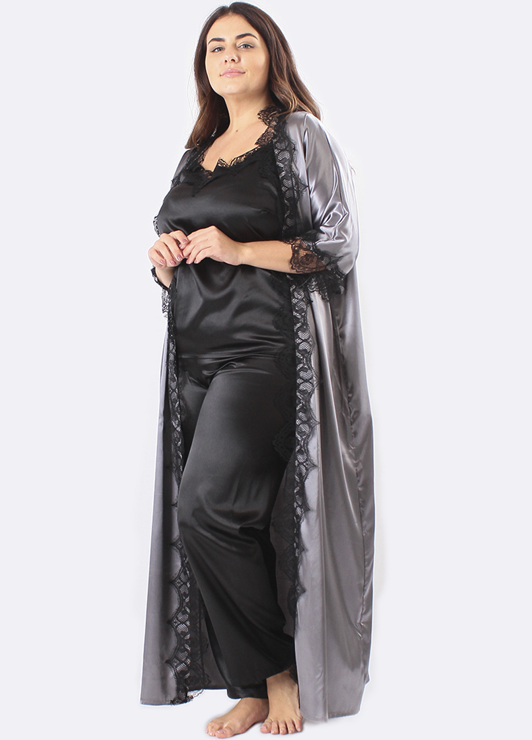 Серый демисезонный комплект (топ, брюки, халат) Ghazel