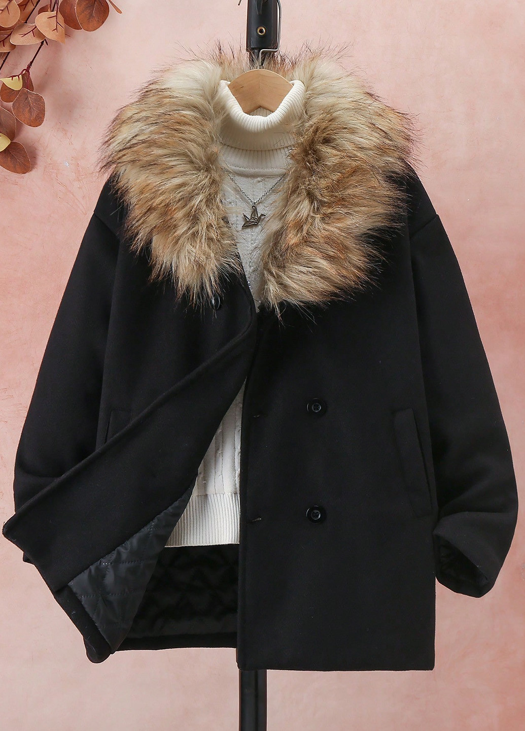 Чорне демісезонне Пальто двобортне SHEIN