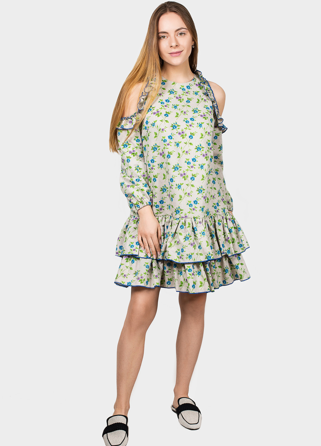 Серо-бежевое кэжуал платье а-силуэт O`zona milano с цветочным принтом