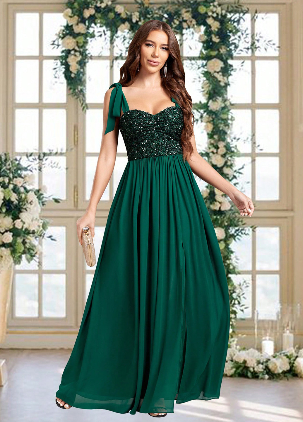 Темно-зеленое вечернее платье а-силуэт SHEIN однотонное