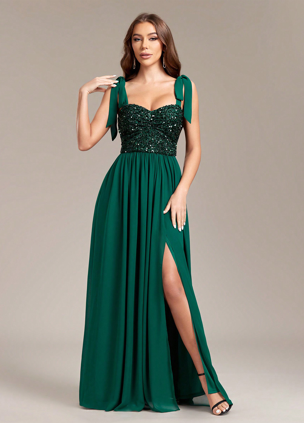 Темно-зеленое вечернее платье а-силуэт SHEIN однотонное