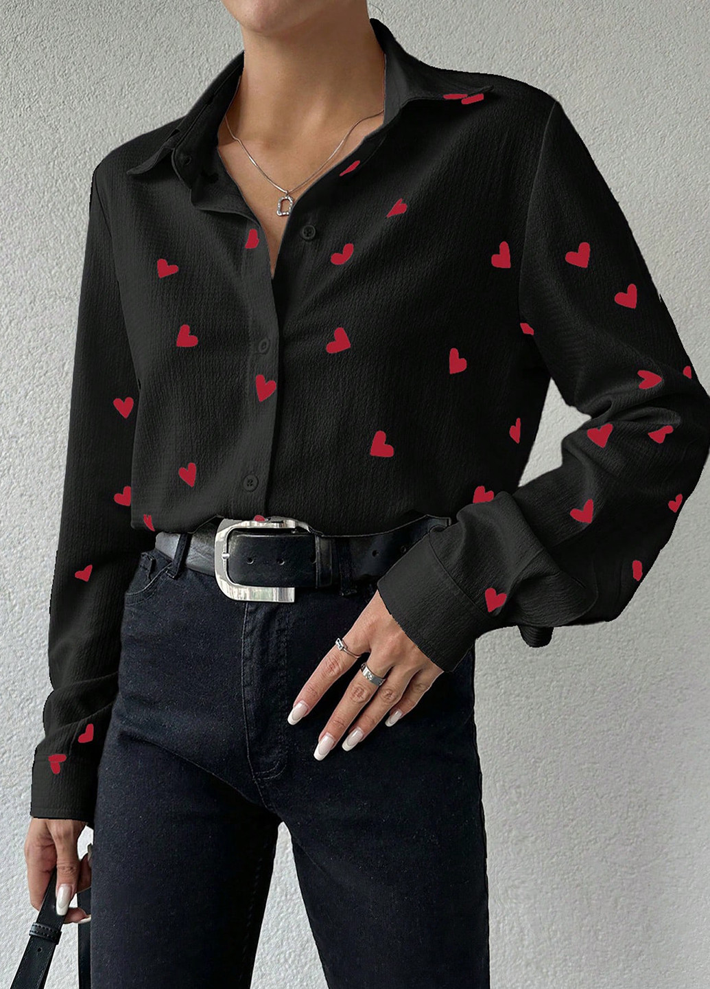 Черная кэжуал рубашка с сердечками SHEIN