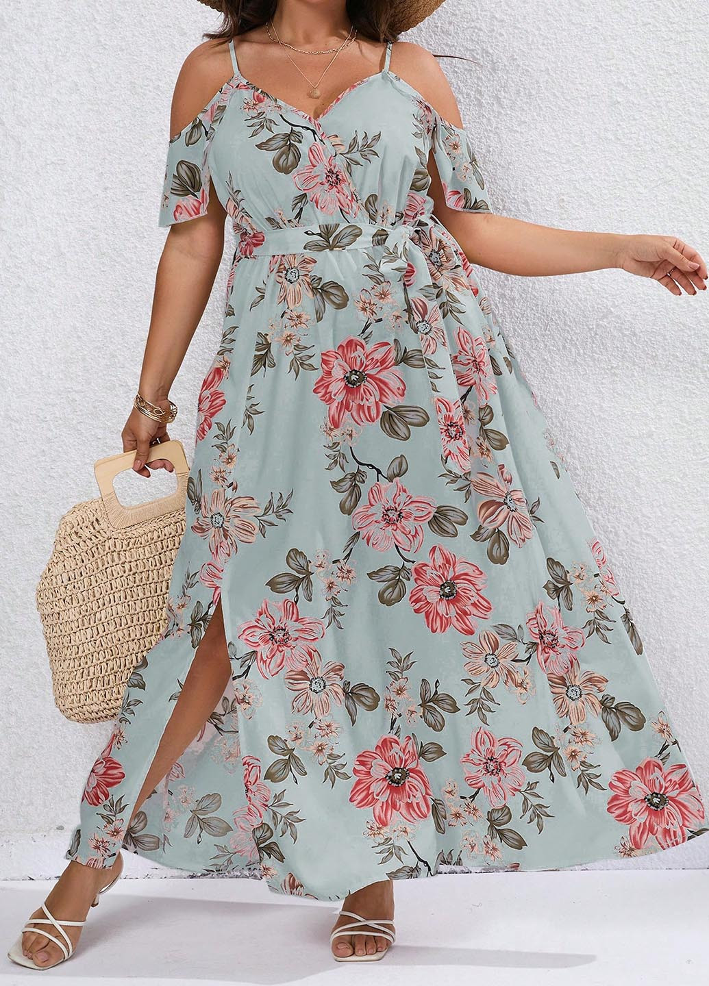 Комбінована кежуал сукня на запах, з відкритими плечима SHEIN з квітковим принтом