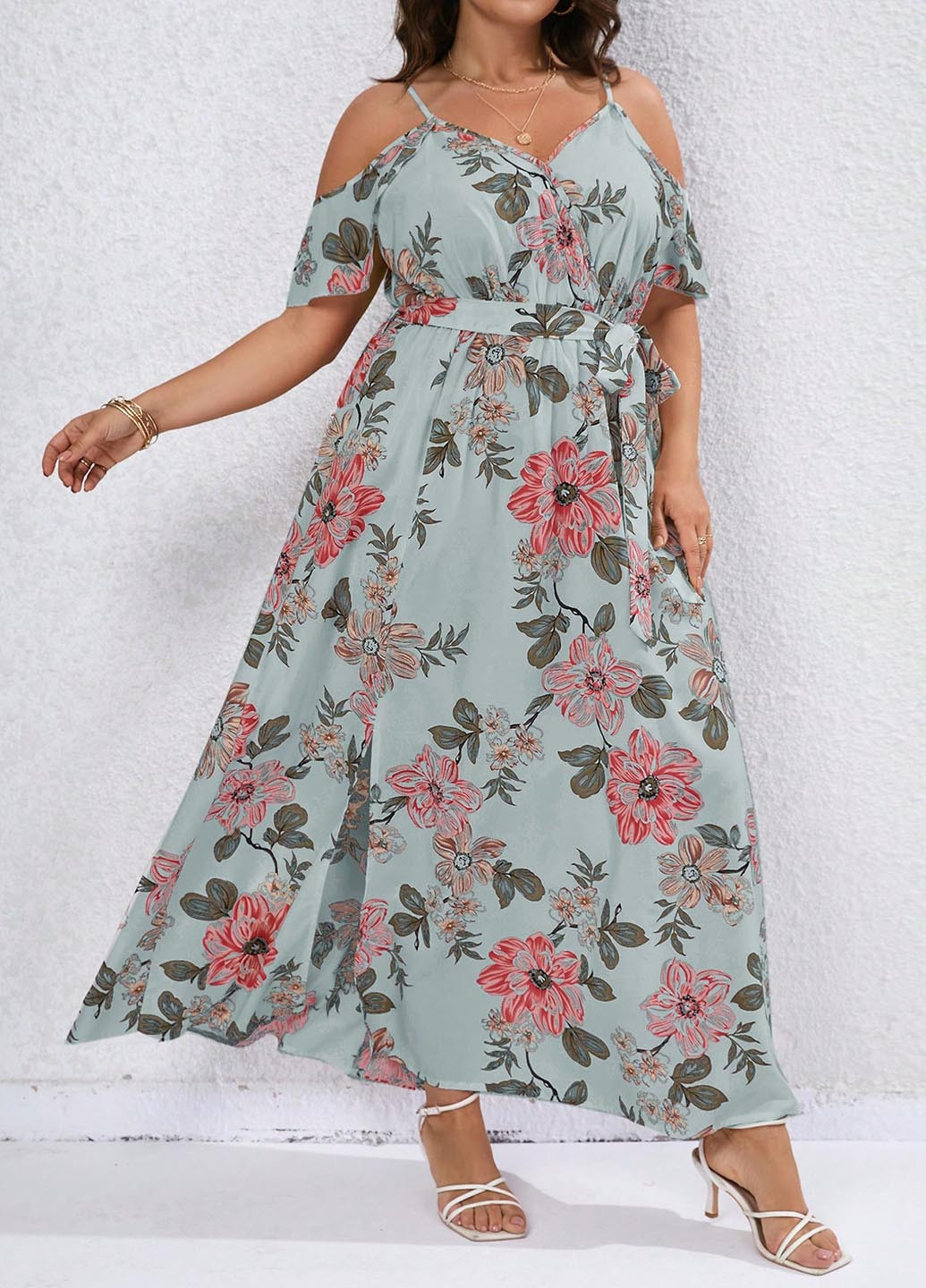 Комбінована кежуал сукня на запах, з відкритими плечима SHEIN з квітковим принтом