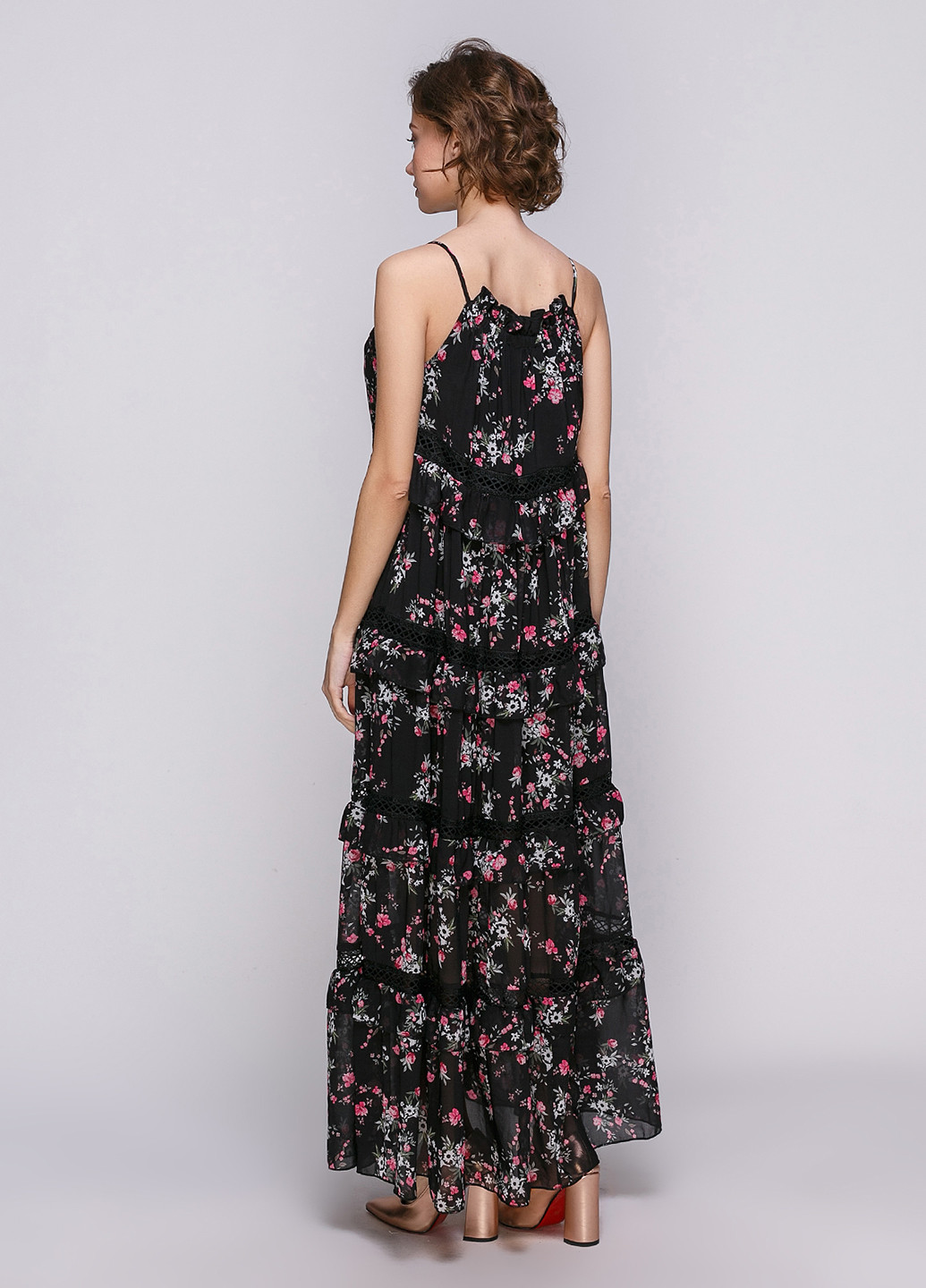 Черное вечернее платье с открытой спиной Babylon с цветочным принтом