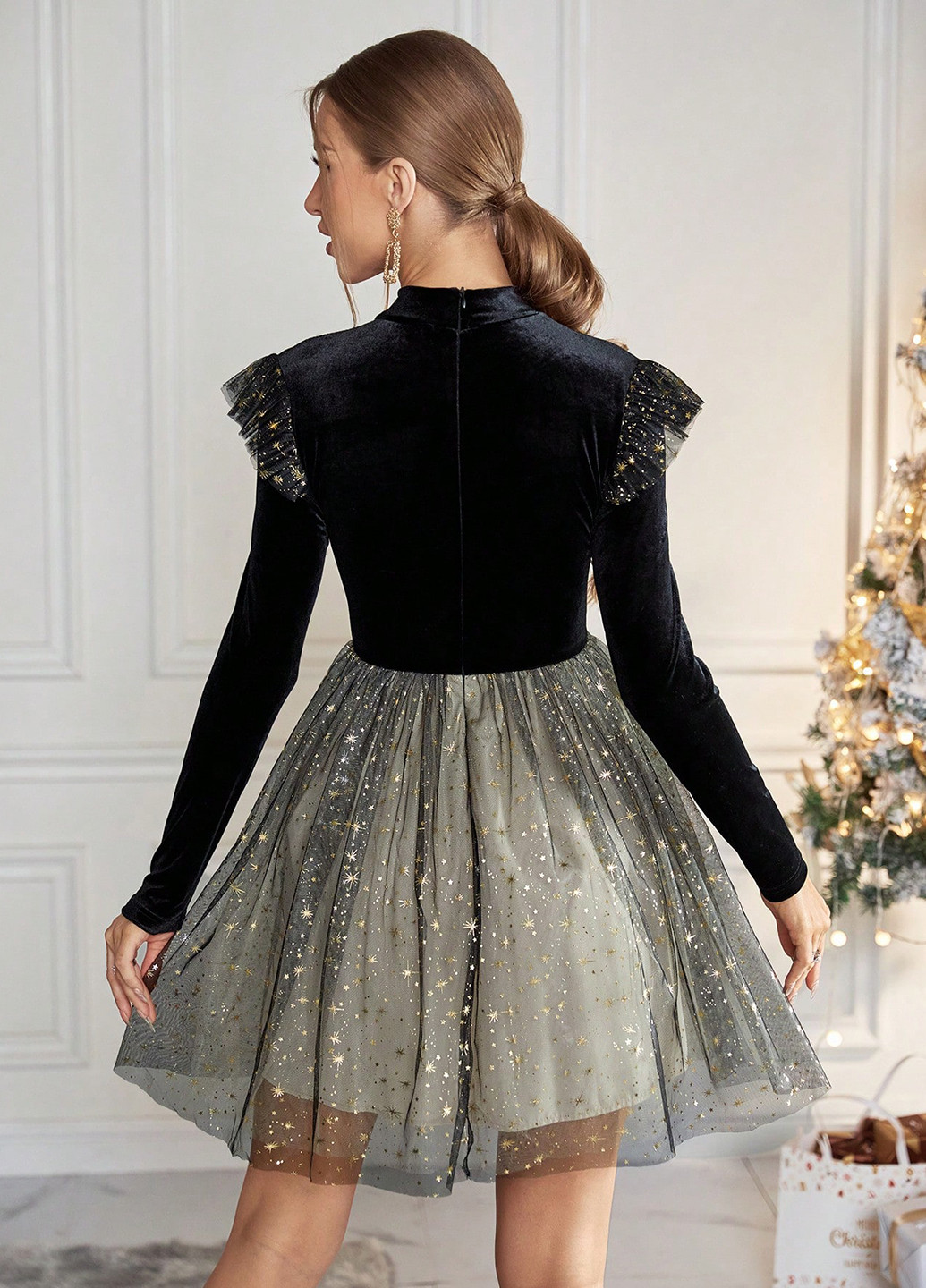 Черное вечернее платье клеш SHEIN колор блок