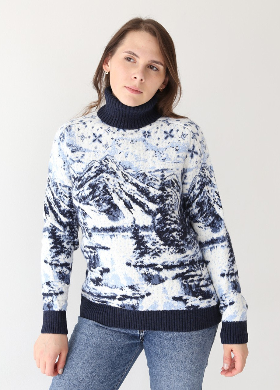 Синий демисезонный свитер женский темно-синий зимний принт с елками большой размер Pulltonic Прямая