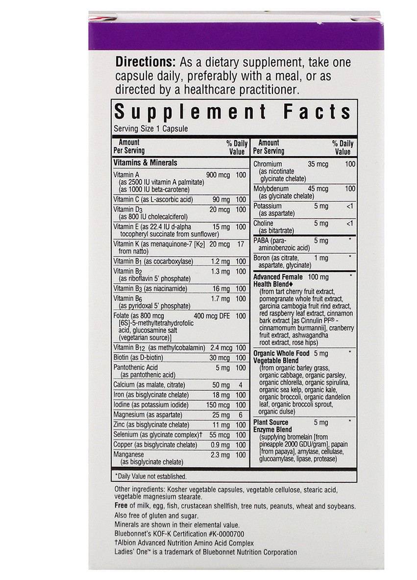 Женские Мультивитамины, Ladies' One,, 30 растительных капсул Bluebonnet Nutrition (228292437)